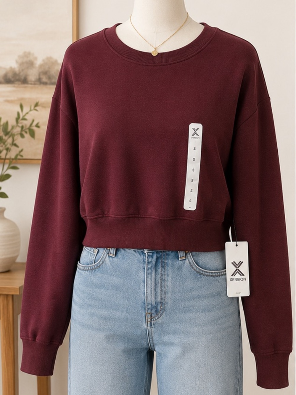 Xersion Women’s Small Burgundy Cropped Fleece Sweatshirt Crew Neck NWT